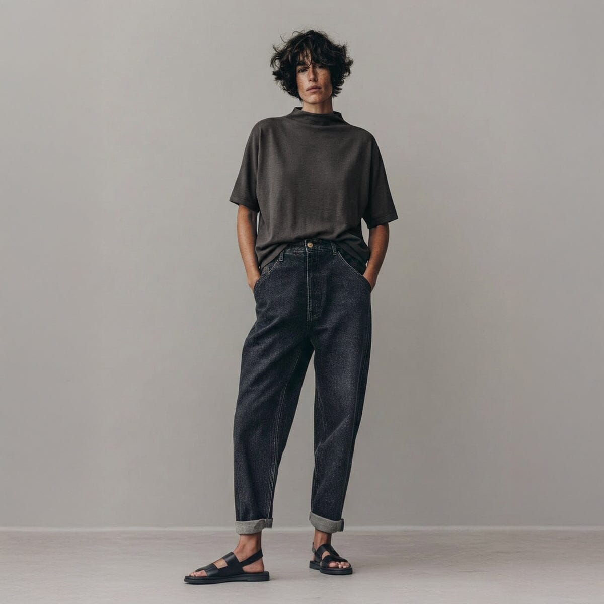 warm charcoal poly top / OS חולצת פולי קצרה פחם חם - studio oh design